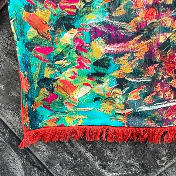 100% Silk Vibrant Multicolour Abstract Scarf Classic Luxury Fringe Boho Chic - Picture 3 of 8